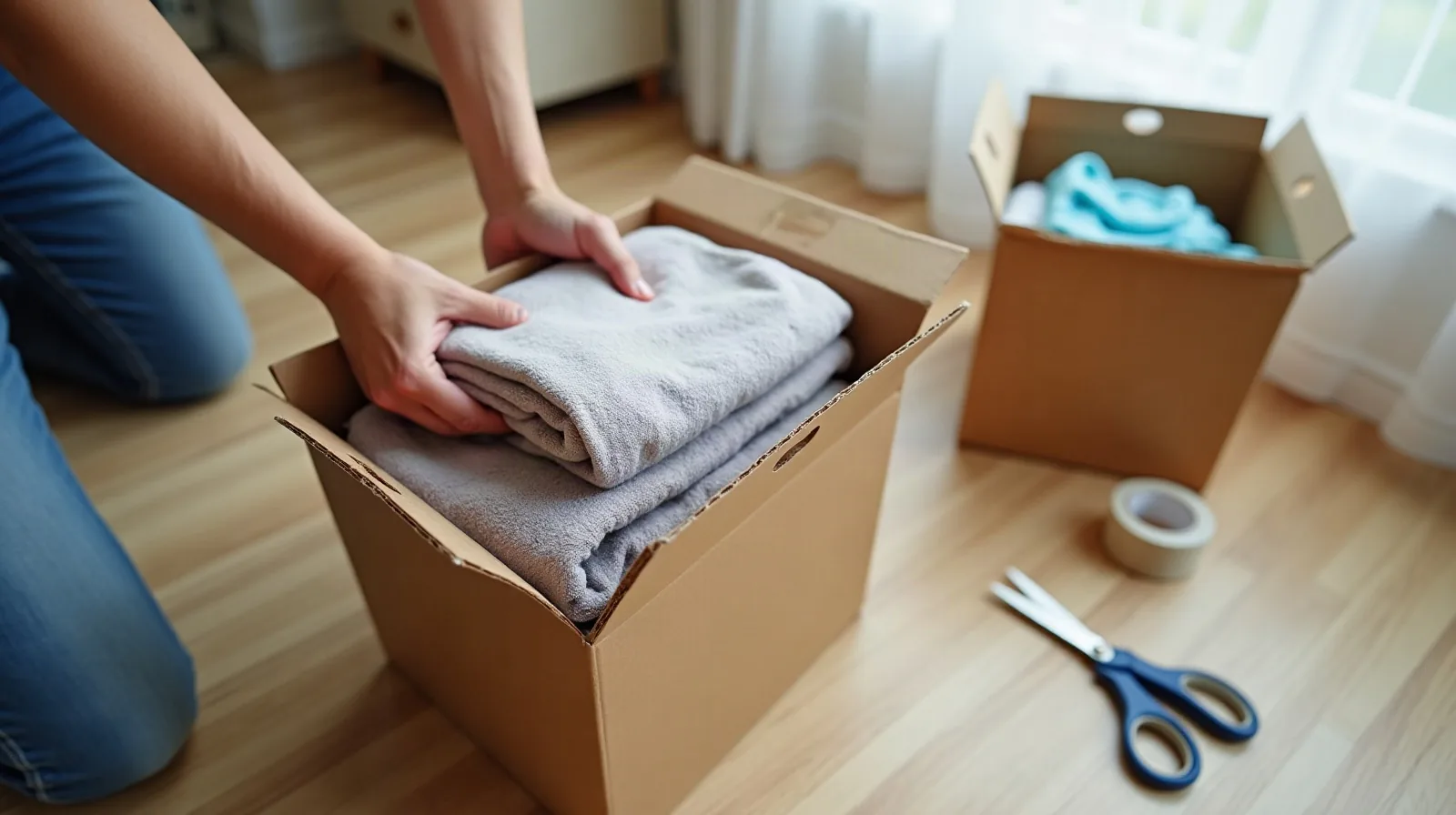A person's hands placing a folded stack of towels into an open cardboard box on a bedroom floor, with a second box nearby holding neatly stacked folded shirts, a roll of packing tape and a pair of scissors resting on the floor beside them