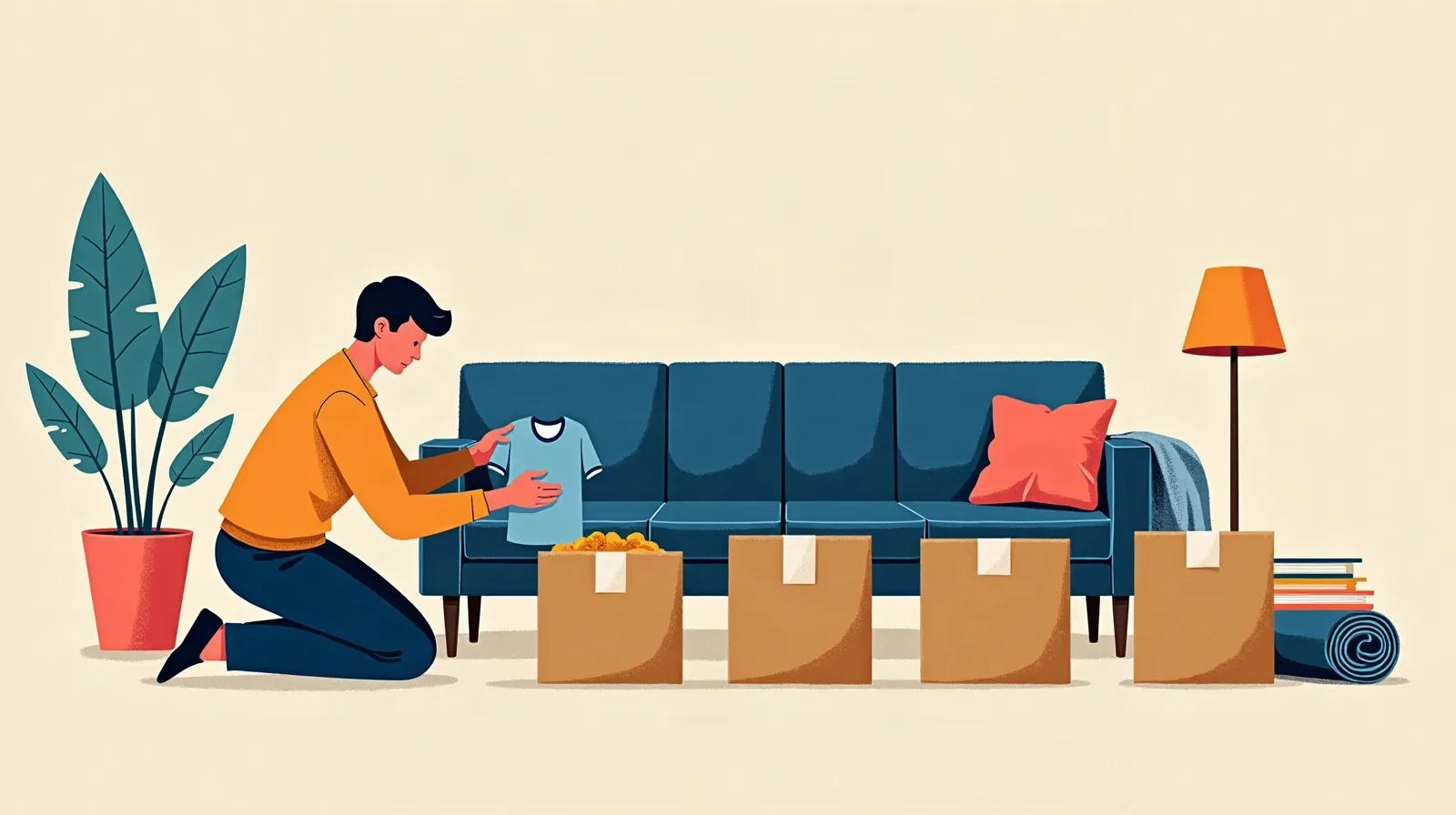 A textured editorial illustration of a person kneeling in a mostly empty living room sorting a folded sweater into one of four cardboard moving boxes lined up in a row, with a rolled rug, a stack of books, and a lamp waiting nearby, morning light through a large window and moving blankets folded over the back of a couch