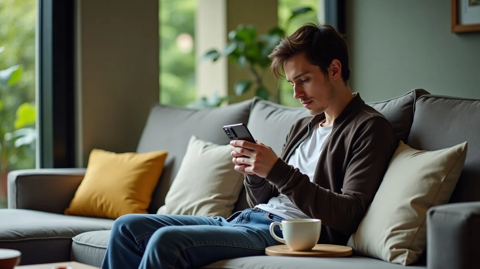 Over-the-shoulder view of a person sitting on a sofa tidying up their phone, with a mug of tea on the armrest.