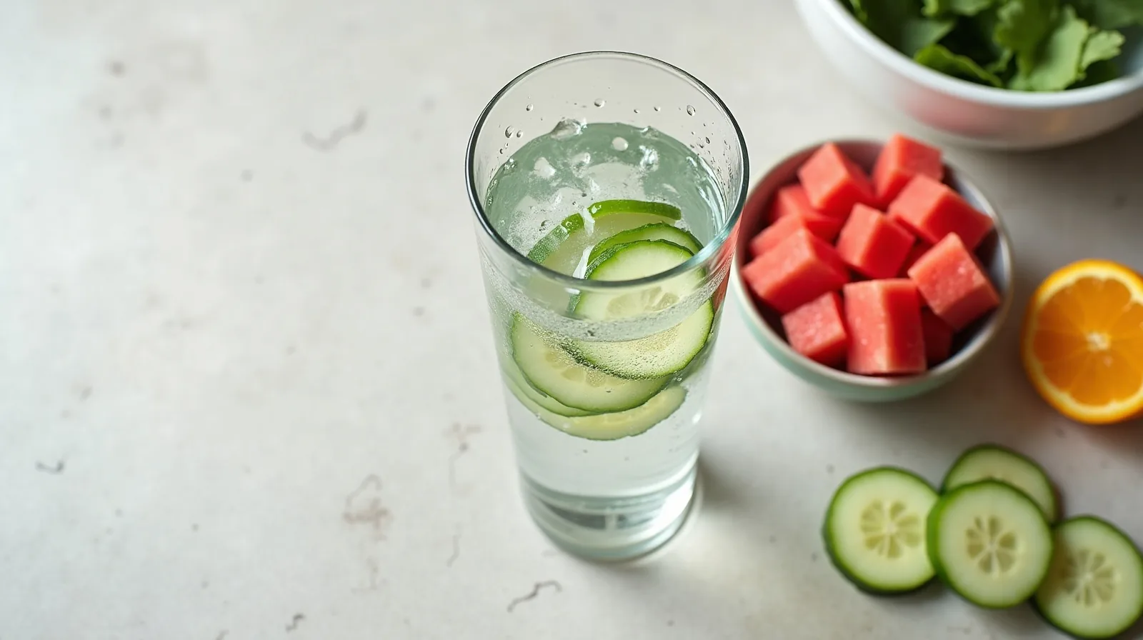 A glass of water, a pitcher, cucumber slices, orange wedges and a bowl of watermelon cubes arranged on a kitchen counter
