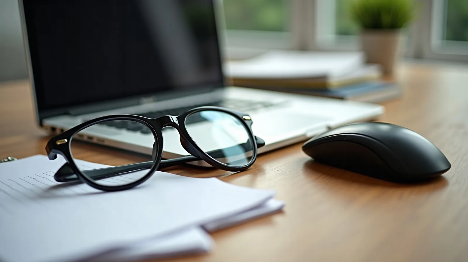 Folded eyeglasses on a closed laptop beside a computer mouse on a wooden desk during a work break