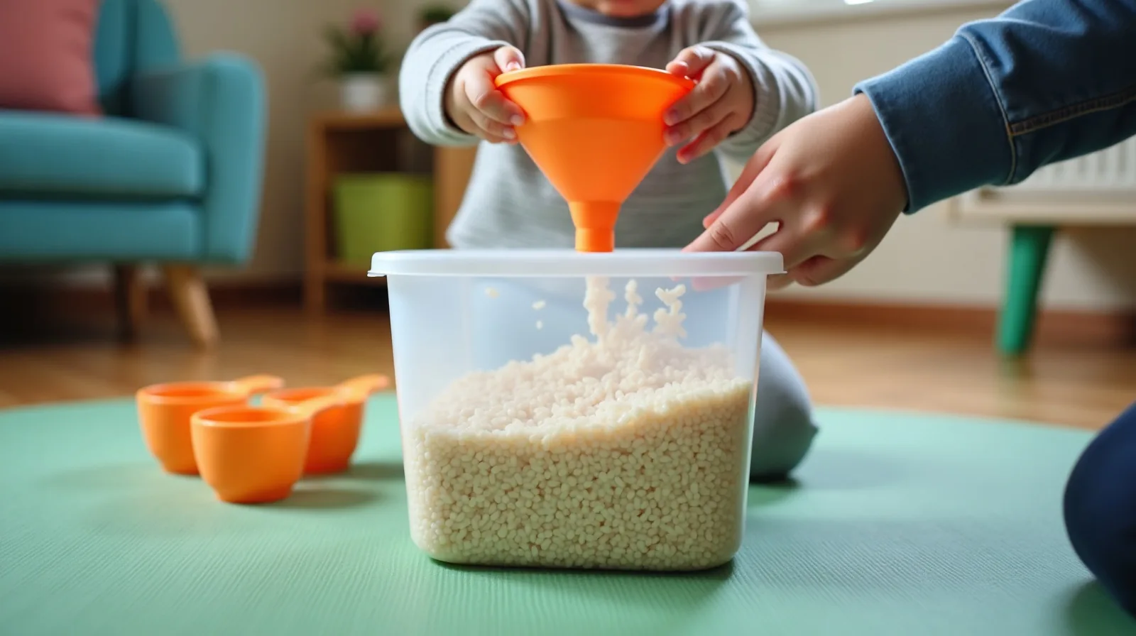 A toddler's hands and a parent's hands pouring rice through a funnel into a bin on a playroom floor mat, with scoops nearby