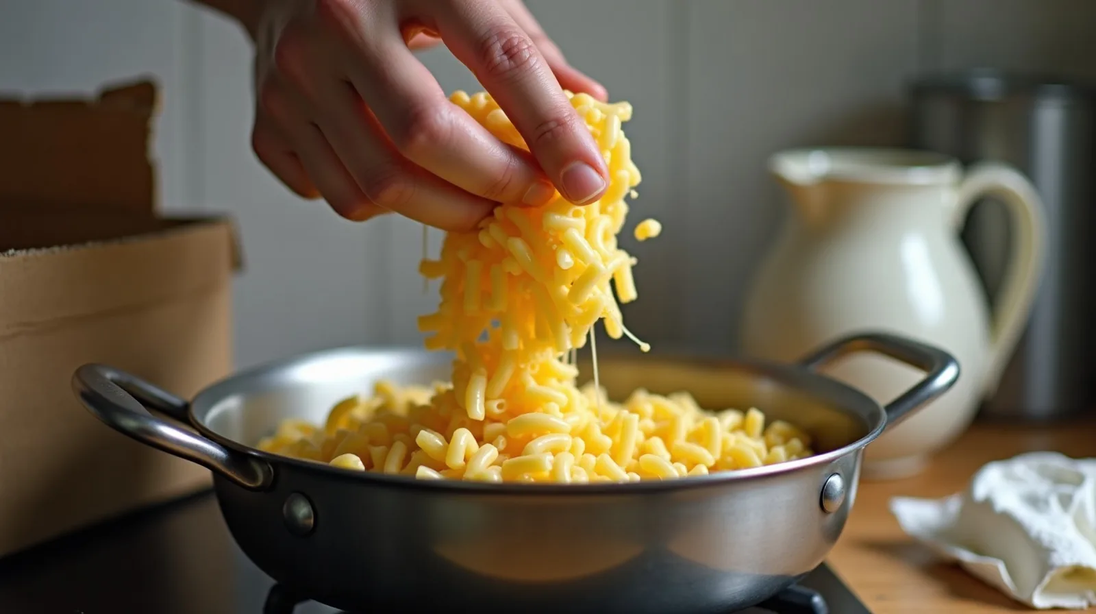 A hand folding grated cheese into a pot of freshly drained macaroni on a stovetop, with a torn cardboard box and a small pitcher of milk on the counter beside it