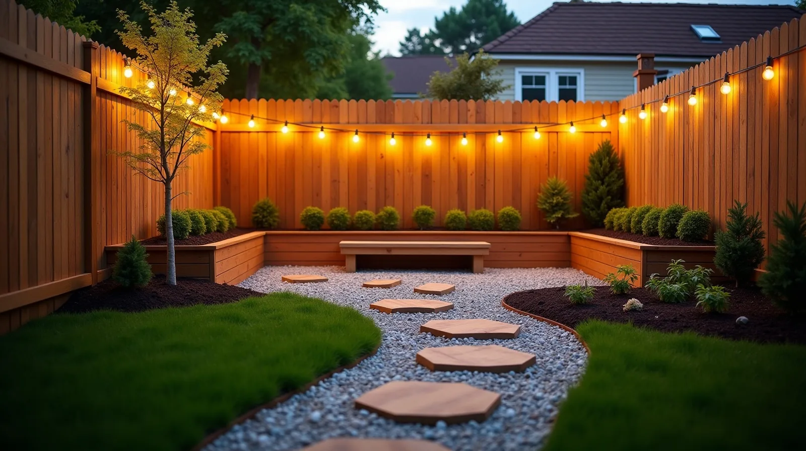 A small backyard with a raised garden bed, stepping-stone path, string lights, and mulched beds along the fence.
