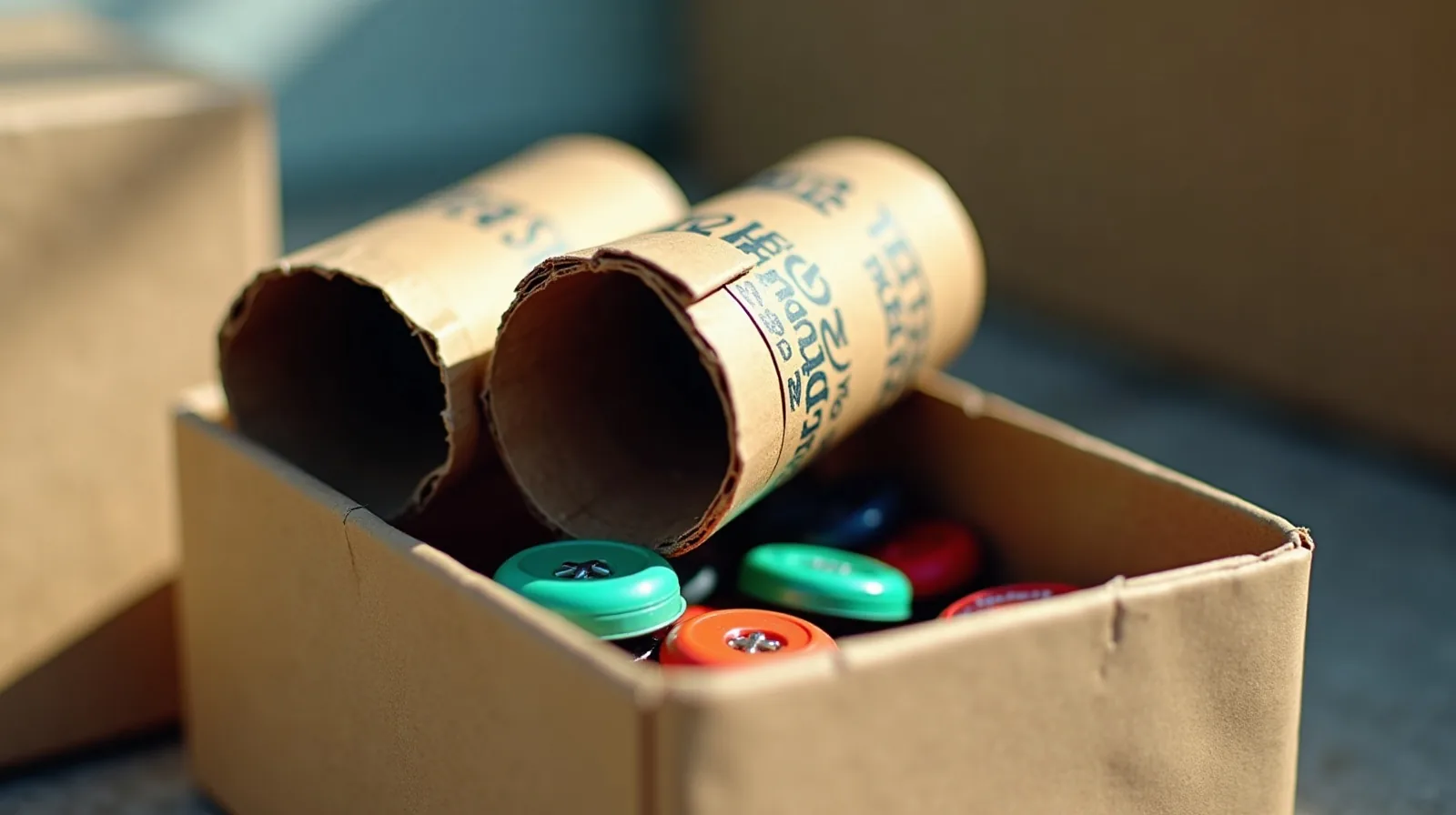 Homemade cardboard-tube binoculars wrapped in tape and marker doodles resting on an open shoebox filled with bottle caps, ribbon scraps and orphan buttons