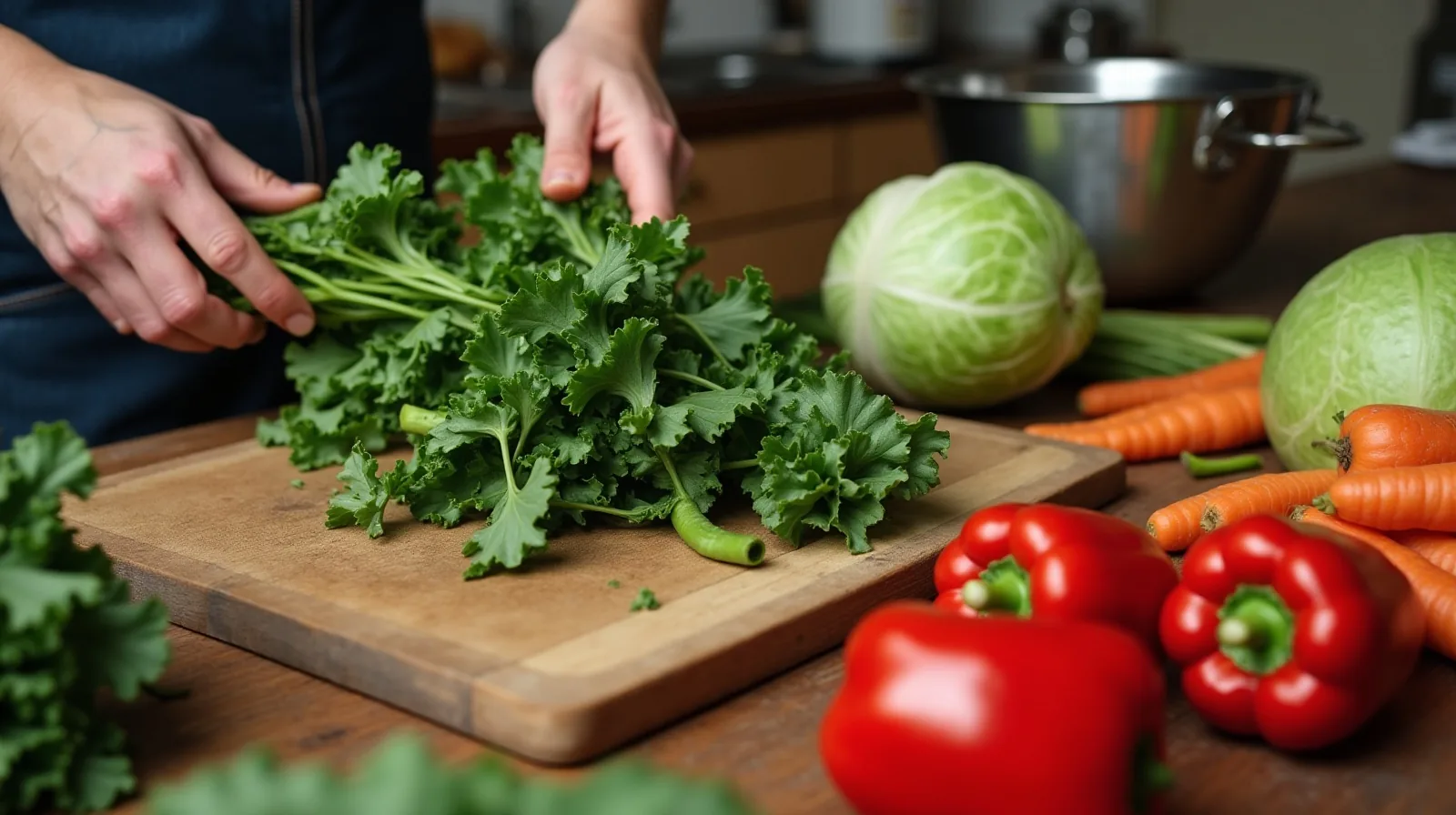 Hands trimming the base from a bunch of chard on a scarred wooden board surrounded by red peppers, loose carrots and a split cabbage on a crowded kitchen counter