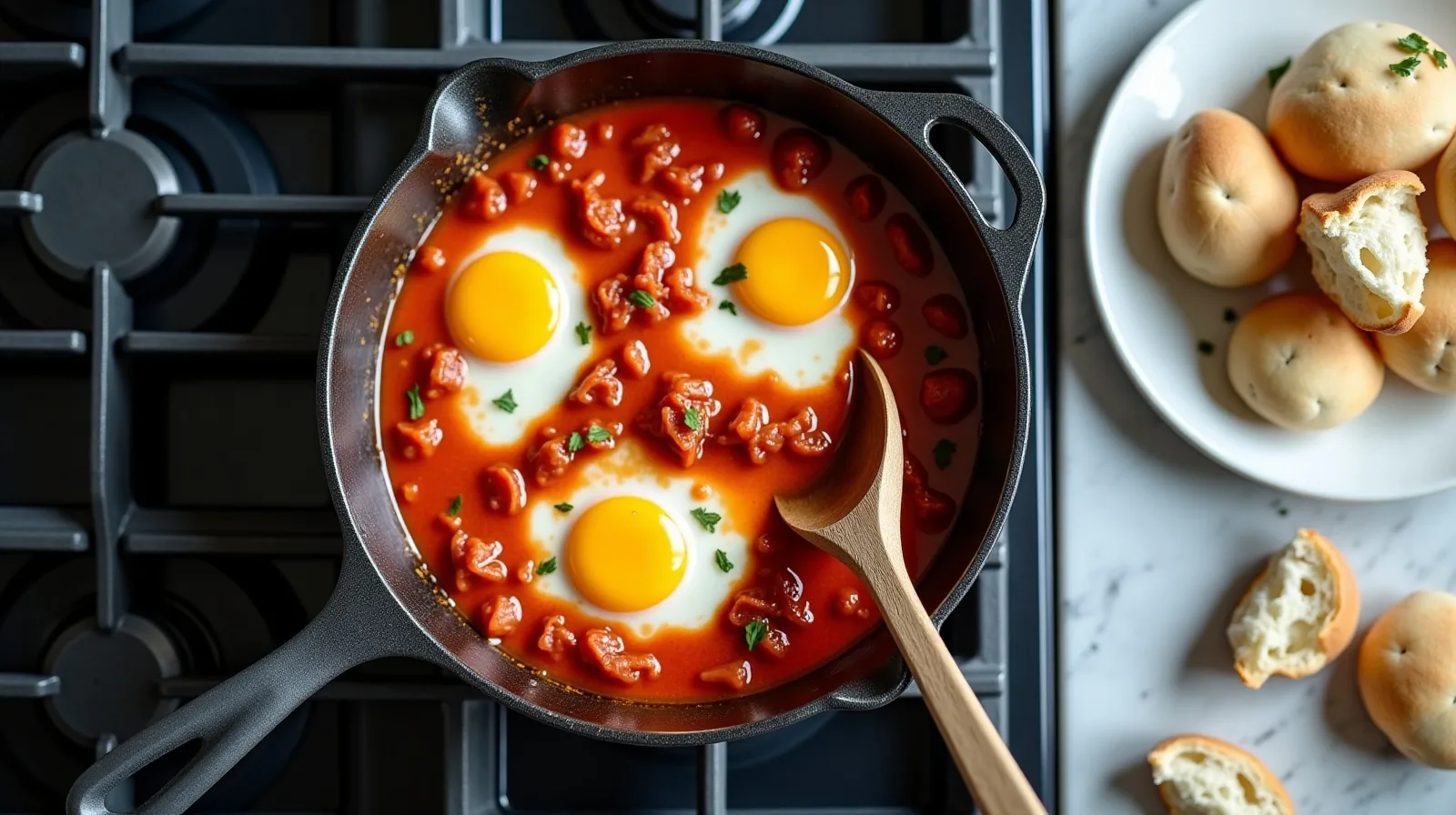 A cast-iron skillet on a stovetop holding eggs poached into a chunky tomato sauce, with a wooden spoon leaning on the rim and torn bread piled on a plate beside it