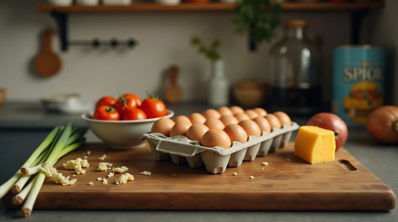 A kitchen counter set with an open carton of eggs beside a bowl of cracked eggs, a bunch of scallions, a wedge of hard cheese, an opened can of tomatoes and a half-used onion on a wooden board