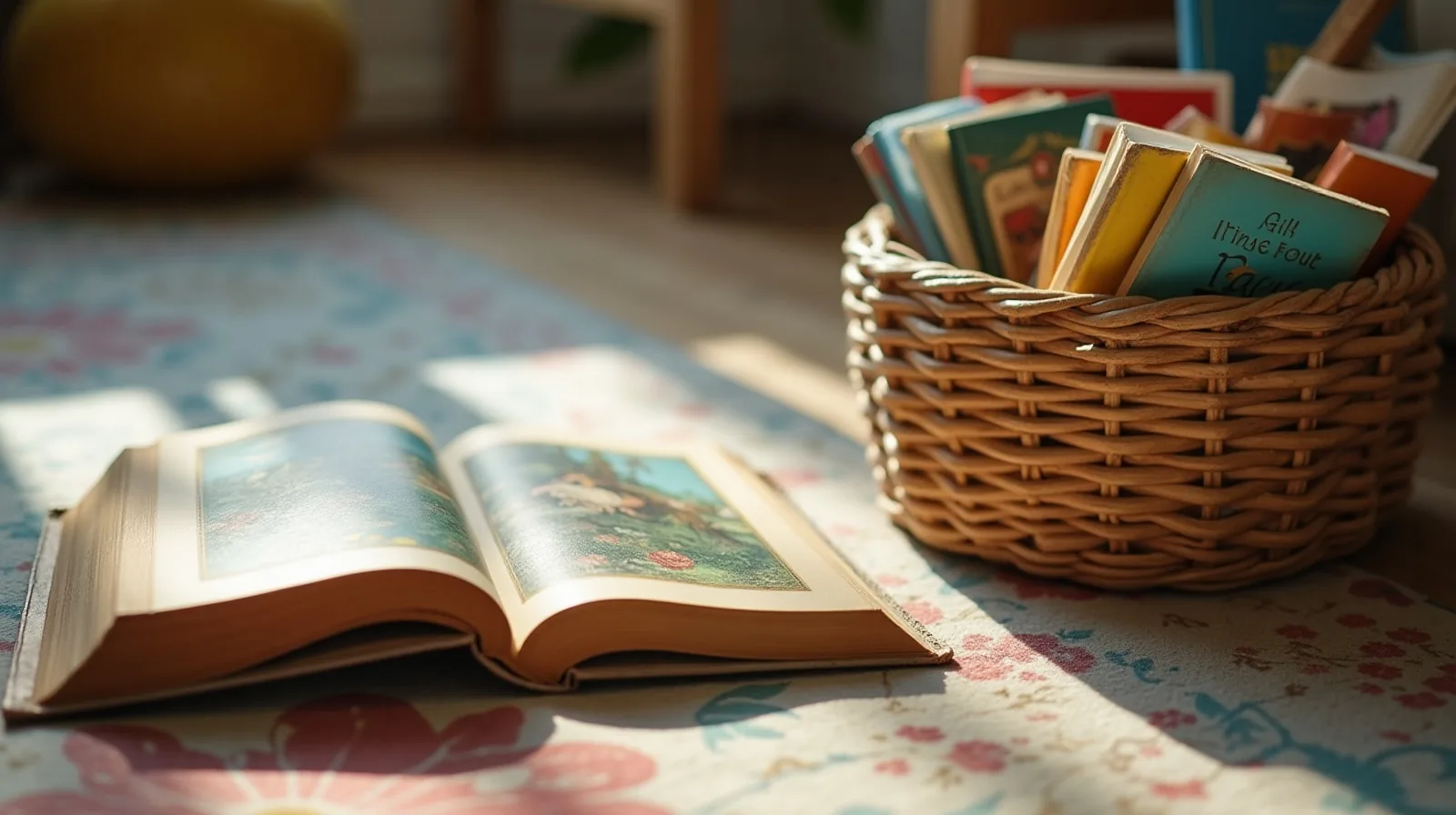 A well-worn picture book lying open on a floor cushion beside a low basket of children's paperbacks with their covers facing out