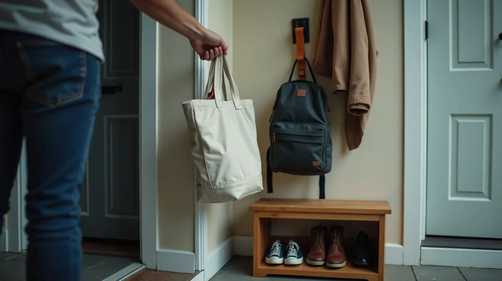 A hand hanging a canvas tote on an entryway hook rail above a wooden bench with a boot tray of shoes beneath it.