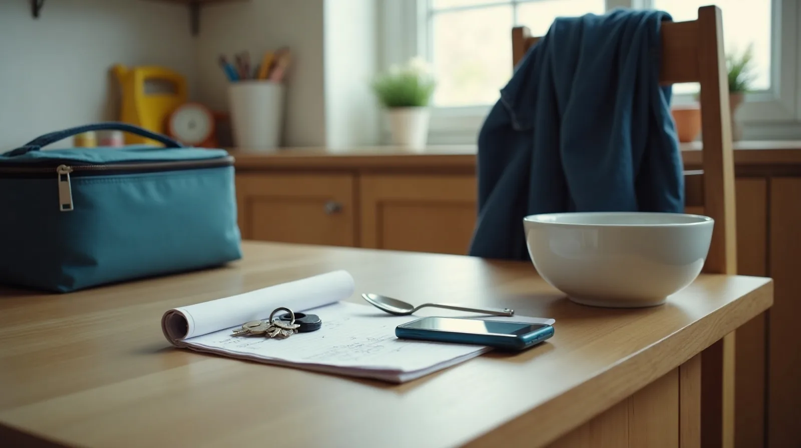 A kitchen counter set up for the next morning: a zipped lunch bag, keys on a folded handwritten list, a bowl and spoon, and a jacket over a chair back