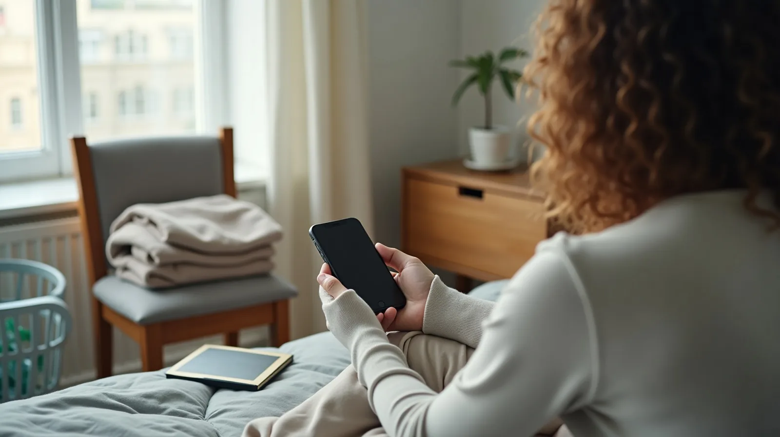 A person seen from behind sitting on the edge of a made bed, setting a phone face down on a wooden chair beside a folded sweater, a water glass and a paperback