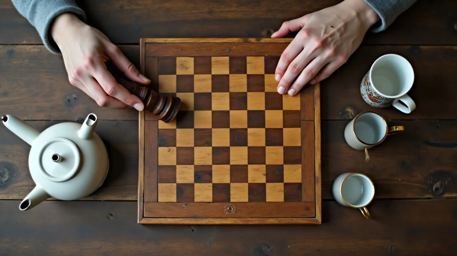 Two pairs of hands leaning over a wooden chessboard on a kitchen table seen from above, one hand mid-move above a knight piece, a white teapot and a few patterned cups pushed to the side