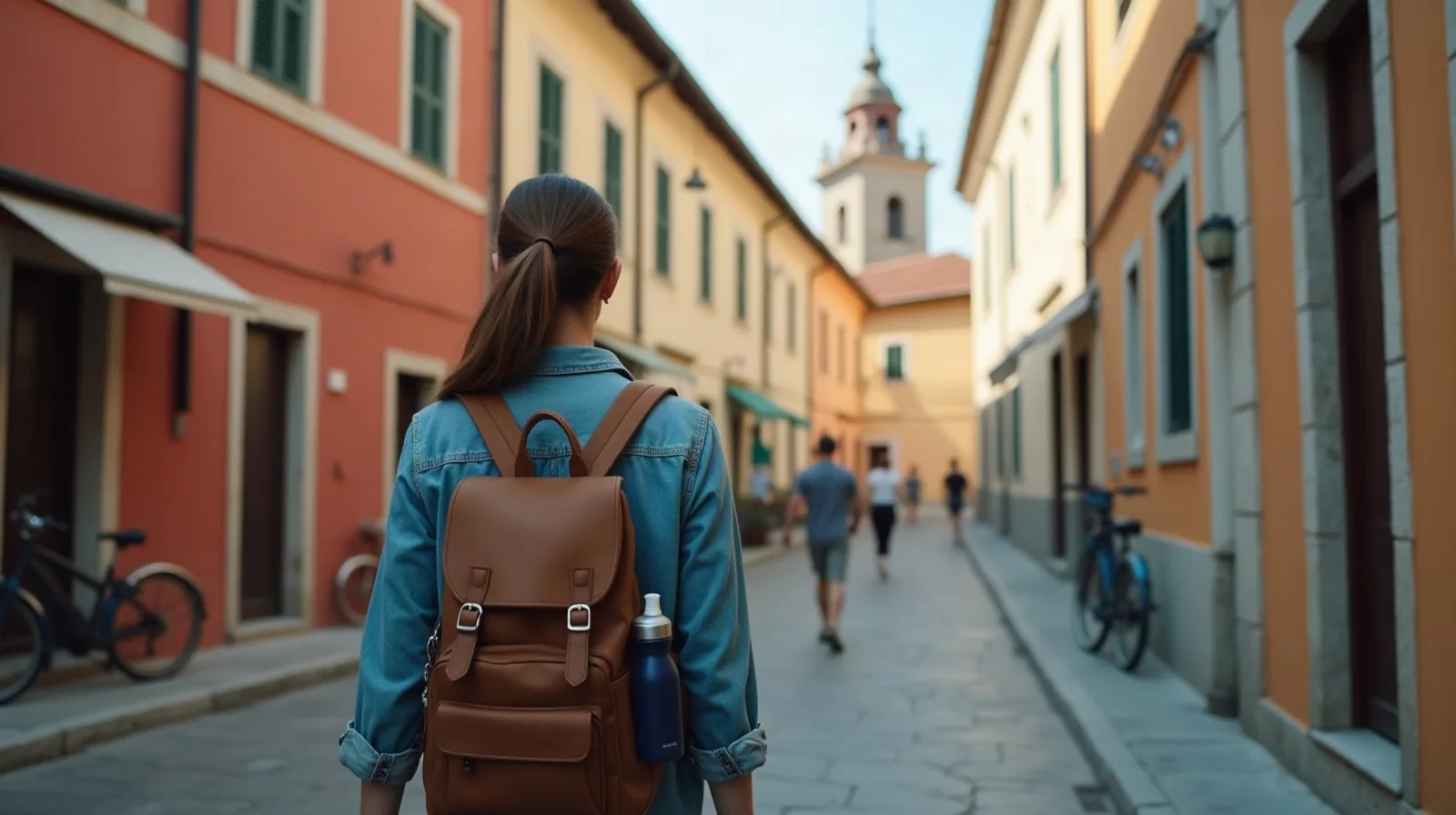 A traveler seen from behind walking down a narrow cobblestone lane between pastel-colored old town buildings in the early morning, a leather daypack on their shoulders and a water bottle in its side pocket, a bakery awning and parked bicycles along the lane and a church bell tower at the end