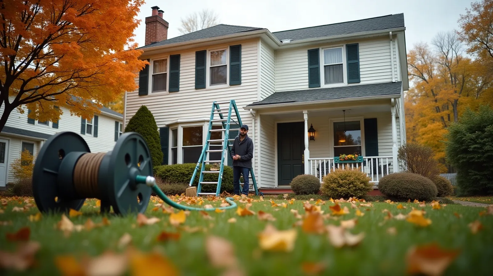 A suburban two-story house exterior in autumn with an extension ladder leaning against the eaves, a bucket of wet leaves on the lawn and a person seen from behind steadying the ladder