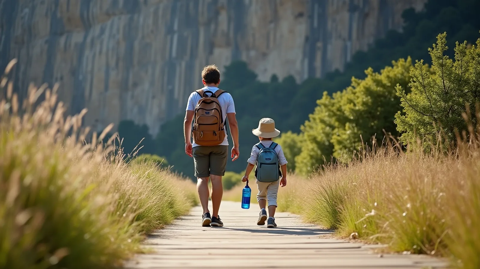 A family seen from behind walking a boardwalk trail toward a tall striped rock face, small against the cliff, one adult carrying a daypack