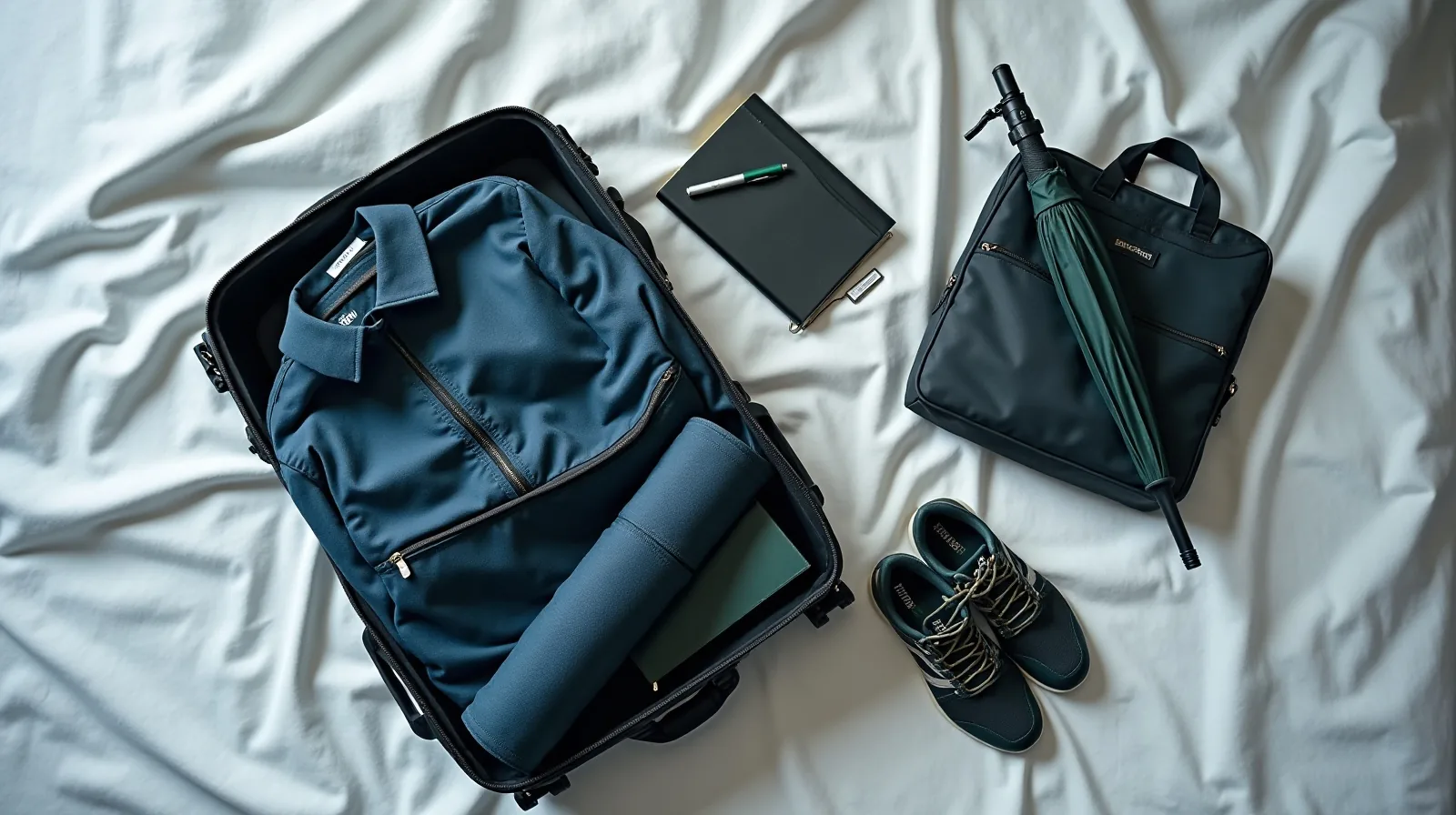 A half-packed carry-on beside a rolled jacket, small crossbody bag, coiled charging cable, water bottle, compact umbrella and an open notebook on a rumpled bed sheet