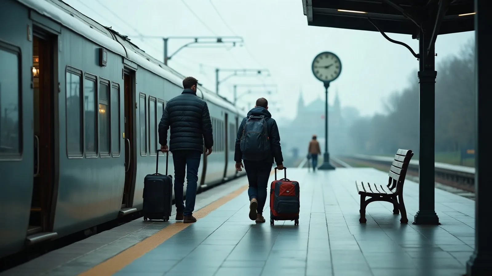 Two travelers seen from behind on a station platform beside a passenger train with its doors open, one lifting a small wheeled suitcase up the step while the other holds a backpack, a platform bench and a clock mast along the platform
