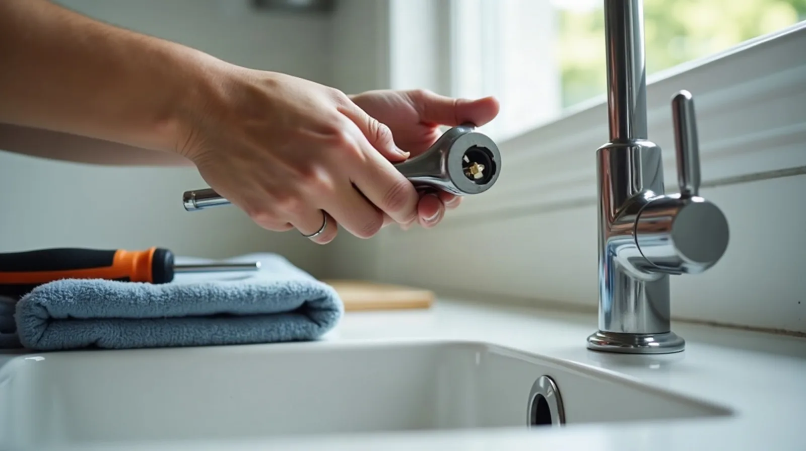 Close view of hands holding a small wrench and a removed faucet part beside a chrome kitchen faucet with its handle off, a folded blue towel and an orange-handled screwdriver on the counter by a white sink