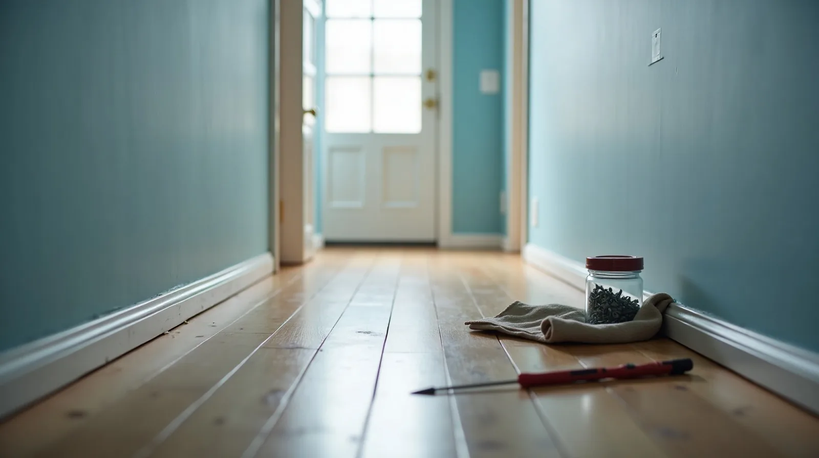 A quiet hallway of refinished hardwood boards with a screwdriver, a jar lid of trim screws and a folded drop cloth set at the edge, and a door standing open on its hinges