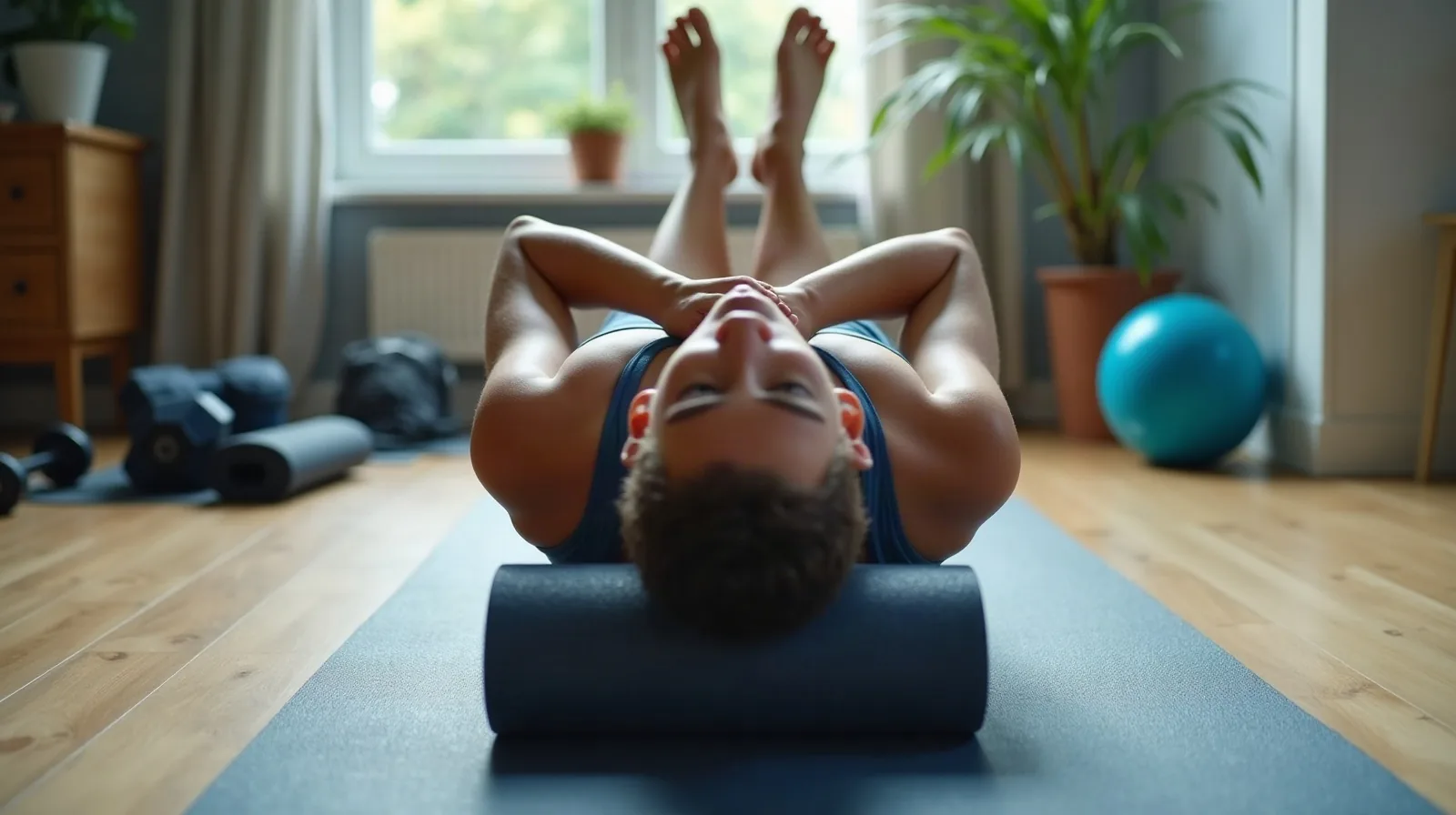 A person lying on their back with a foam roller positioned beneath the upper back, arms crossed over the chest and knees bent, feet flat on the floor in a small home gym corner