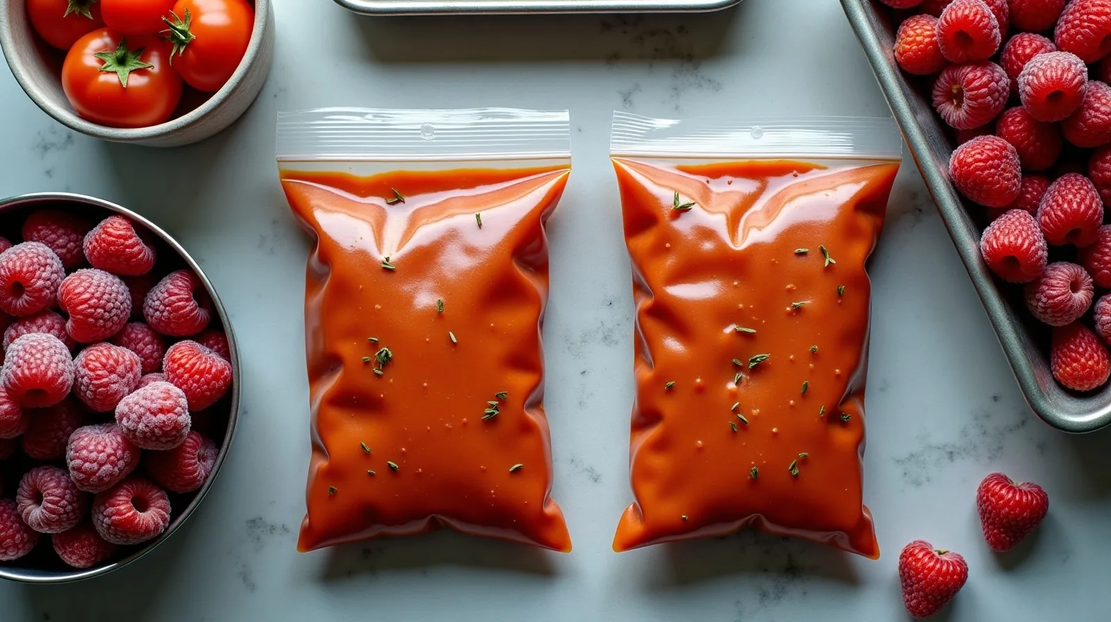 Flat frozen bags of soup and chili laid out on a counter beside a tray of loose frozen berries