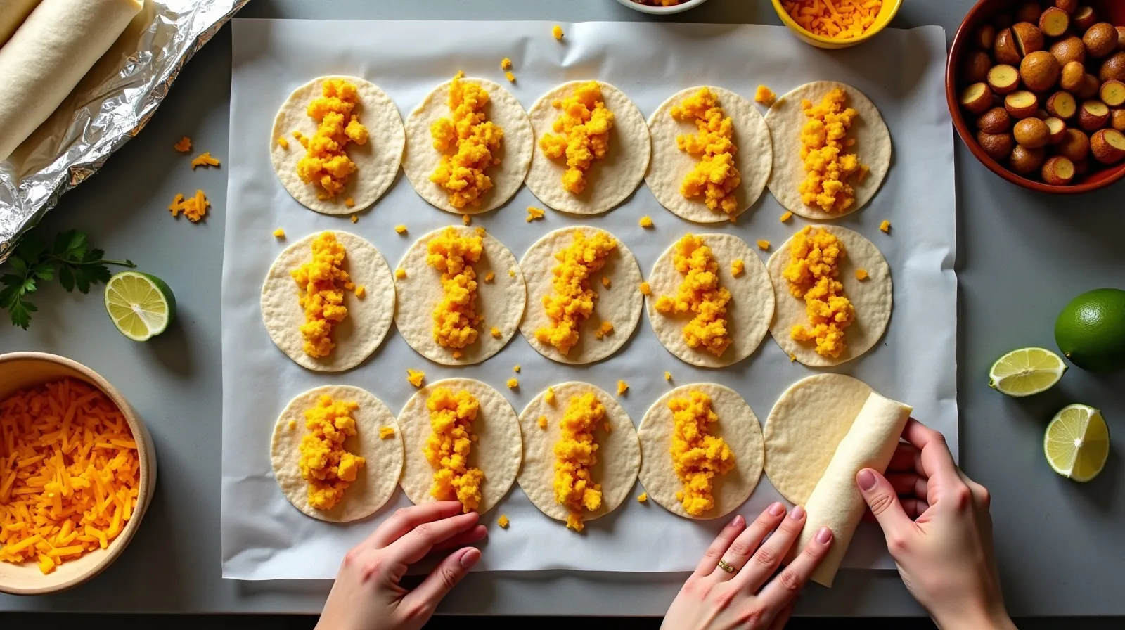 An overhead view of a kitchen counter with a dozen flour tortillas laid out in rows, each holding a stripe of scrambled egg, roasted potato cubes and shredded cheese, with a pair of hands rolling one at the edge