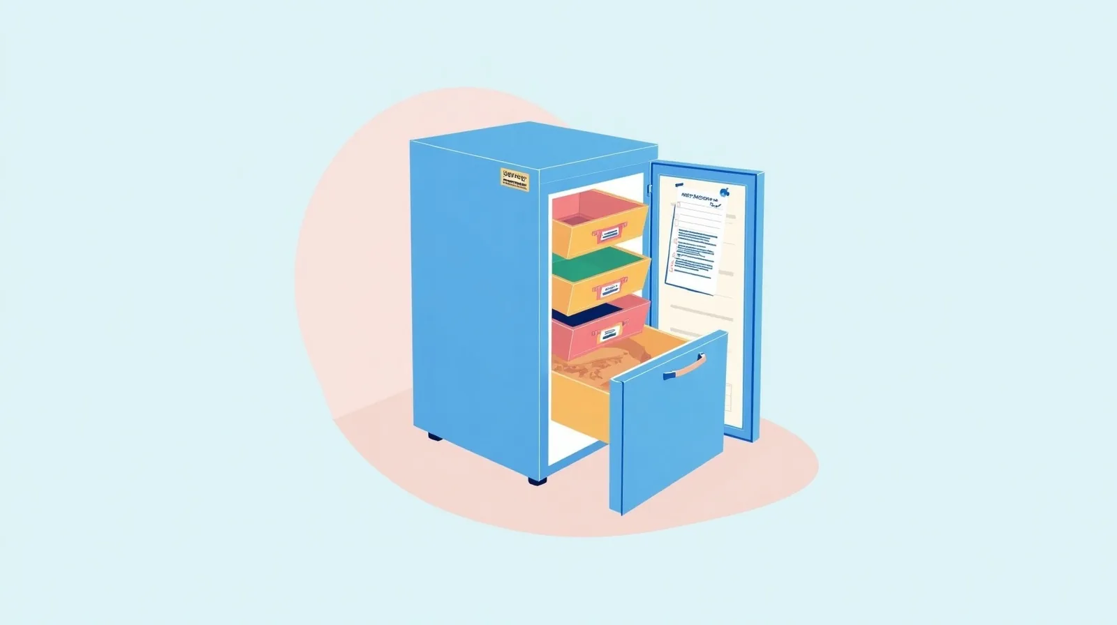 A flat illustration of an upright freezer standing open with three zoned bins inside, a checklist card clipped to the door and one highlighted shelf pulled forward