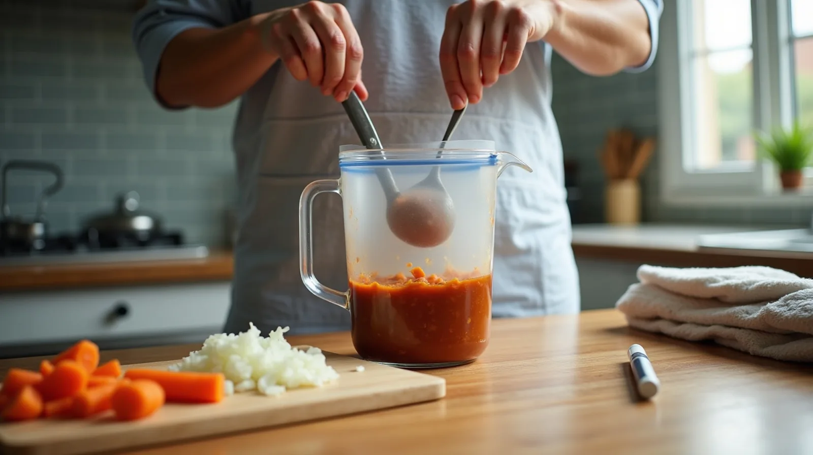 Hands spooning cooled stew into a flat freezer bag propped in a jug on a kitchen counter, beside a board of chopped onions and carrots and a stack of empty bags