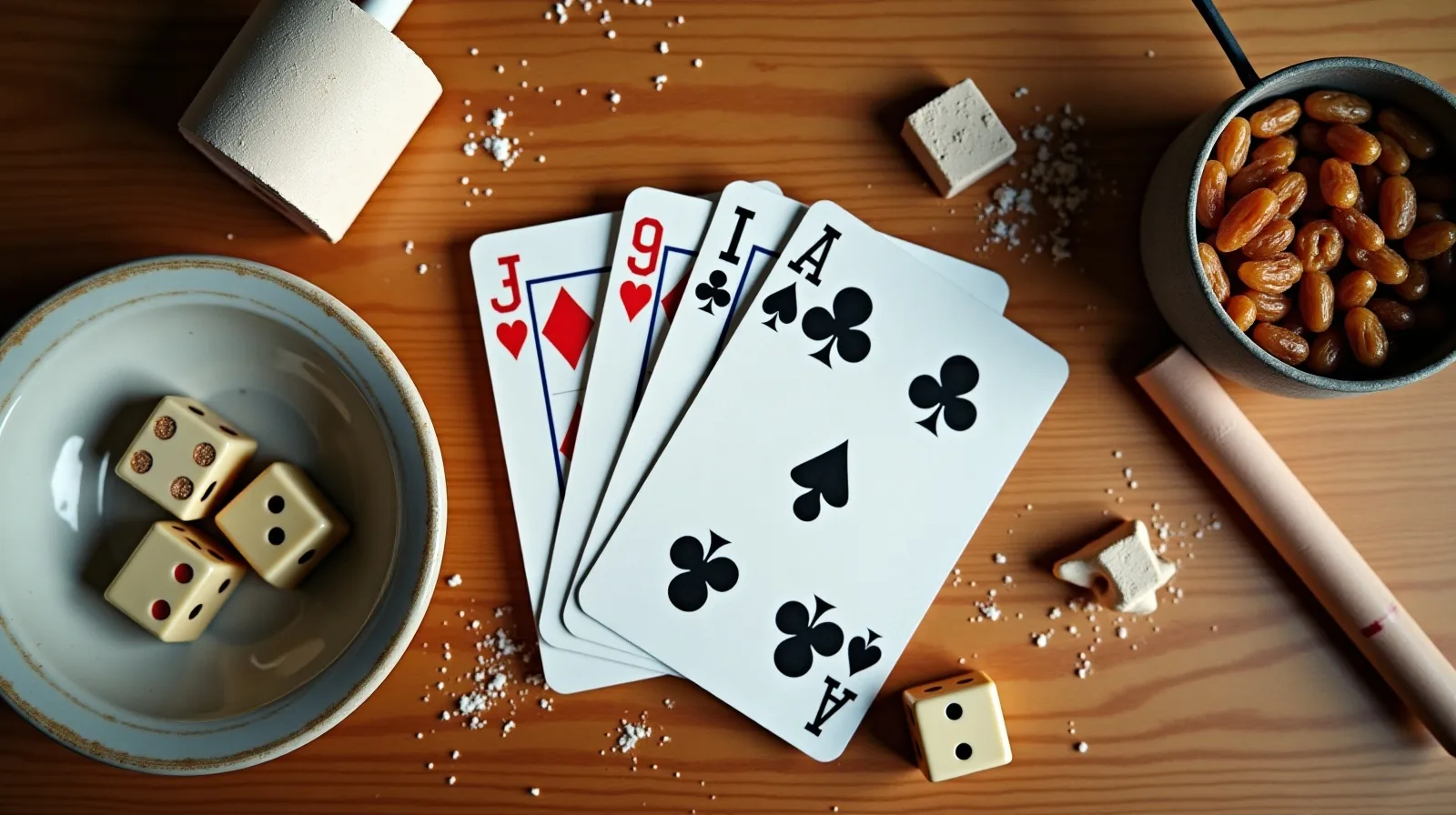 Overhead view of face-down playing cards, dice, sidewalk chalk stubs and a measuring cup spread across a kitchen table beside a bowl of raisins