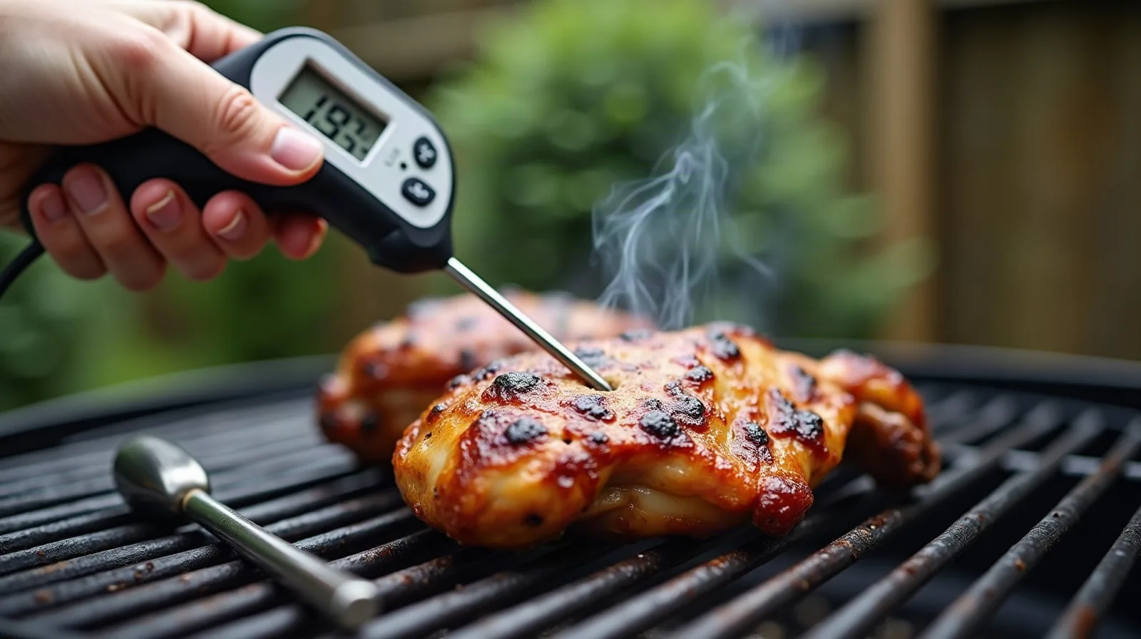 A hand holding an instant-read thermometer into a grilled chicken thigh on an outdoor grill, steam rising, tongs resting nearby on the grate