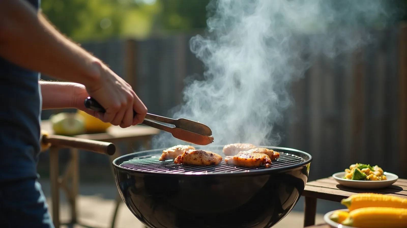 A person seen from behind and below flipping a piece of chicken with tongs over an outdoor grill, smoke rising against a fenced backyard, corn on the cob and a bowl of marinated vegetables waiting on a side table