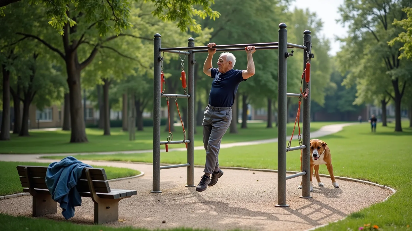 A weathered outdoor exercise station in a neighborhood park with steel bars and rings, a gravel path curving past, and an older adult in profile hanging from the bar