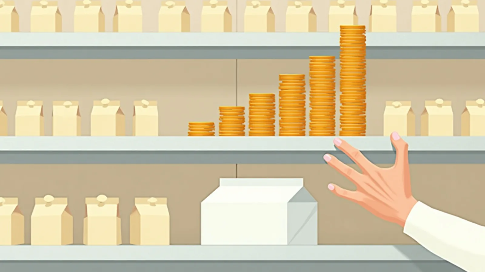 Flat illustration of a supermarket shelf where the eye-level cartons sit on stacks of coins while a hand reaches for a carton on the bottom shelf