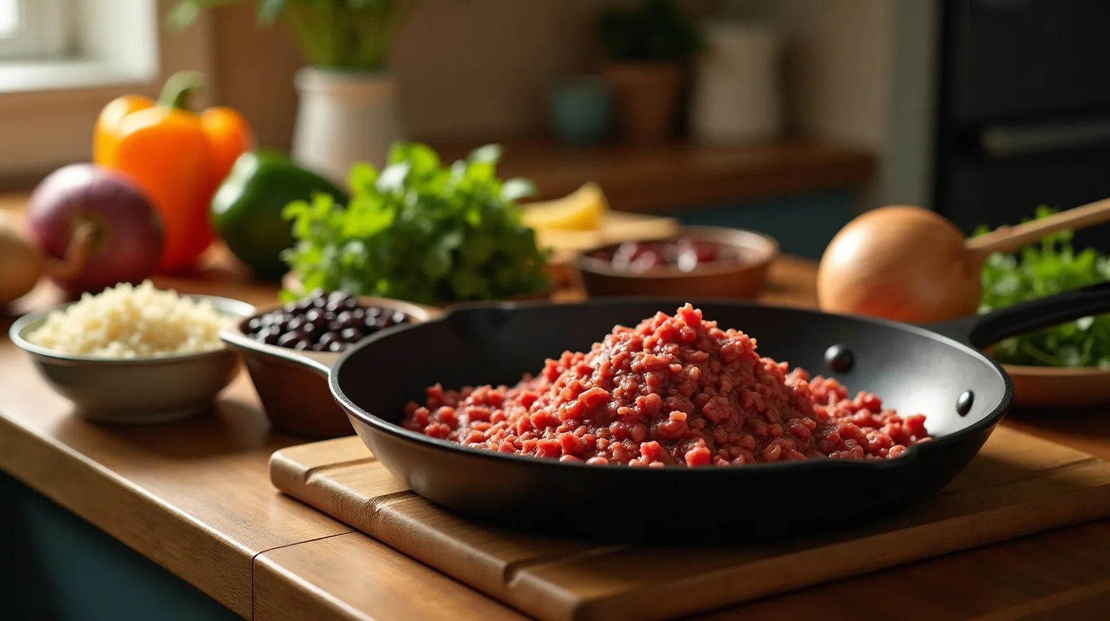 A wooden counter with a bowl of ground beef, black beans, rice, an onion, bell peppers and cilantro laid out for a skillet dinner