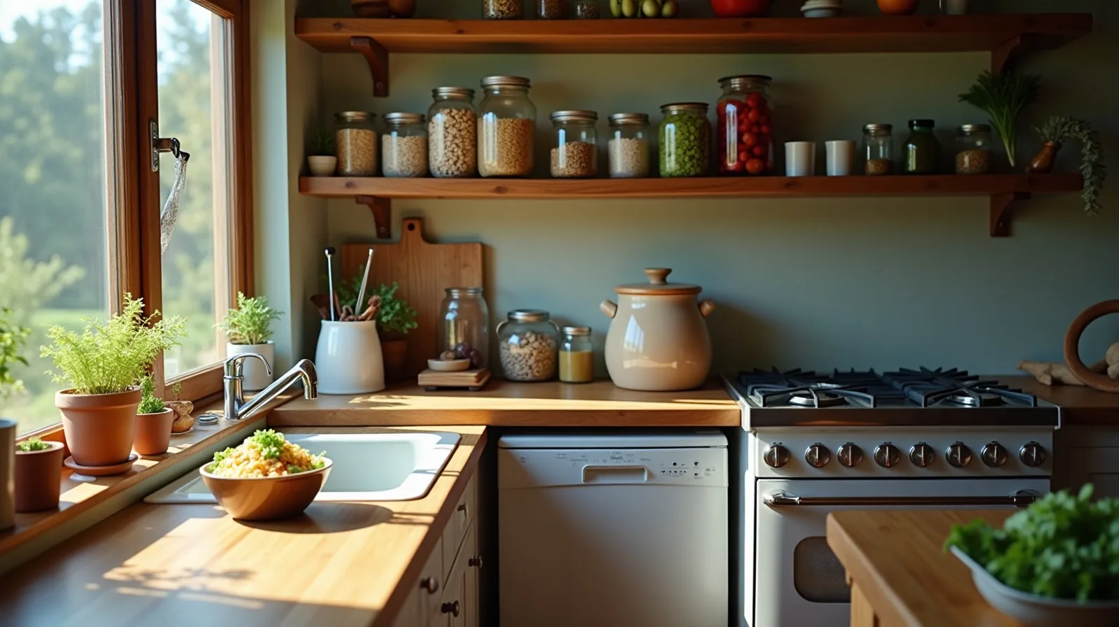 A kitchen with jars of dried beans and oats on open shelves, a bowl of vegetables, and a crock of sauerkraut on the counter