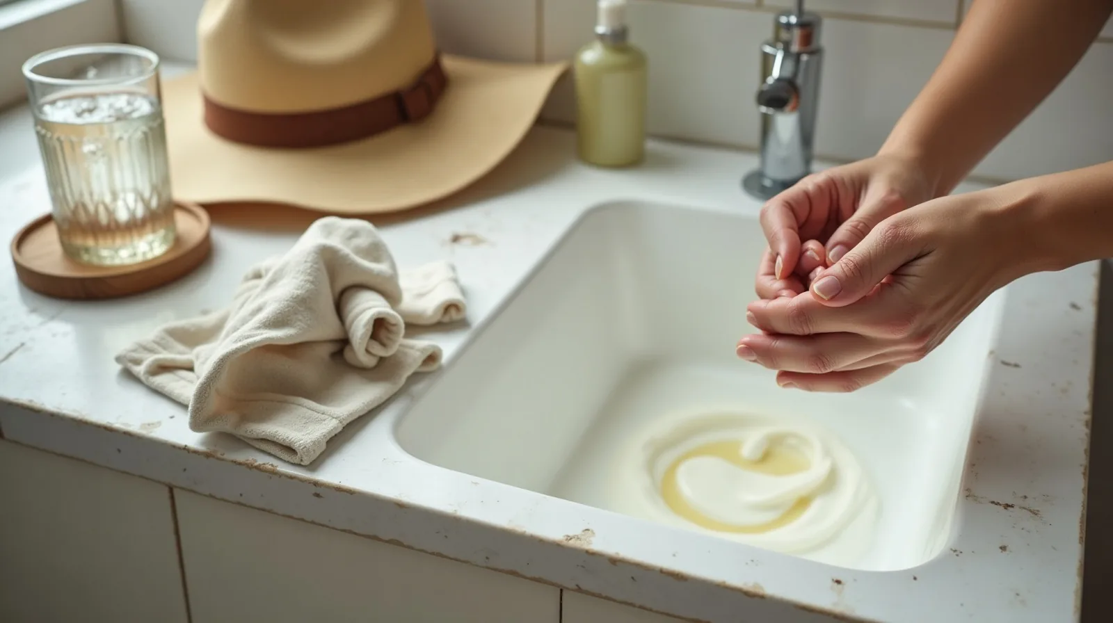Hands resting on a damp bathroom counter beside an open tub of plain moisturizer, a crumpled washcloth, a wide-brimmed sun hat and a half-full glass of water