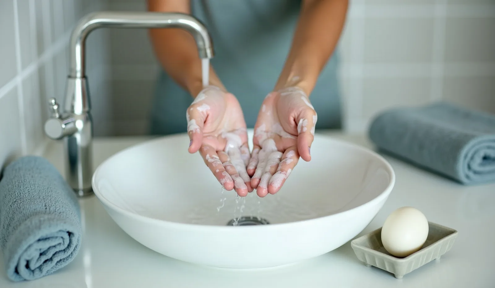 Two soapy hands held open over a white vessel sink with water running from a chrome faucet, a rolled blue-gray towel on each side of the basin and a ceramic soap dish holding a bar of soap on the counter
