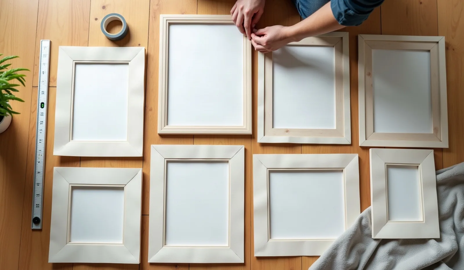 An overhead view of paper templates cut to match picture-frame sizes arranged in a loose grid across a wooden floor, a hand adjusting one template's corner, with a tape measure, a roll of painter's tape, and a small level nearby