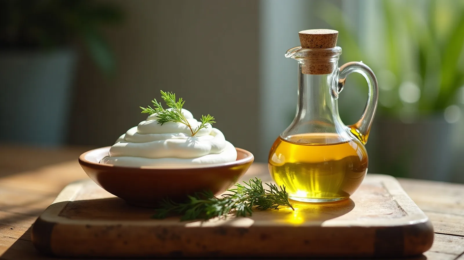 A glass cruet of olive oil beside a bowl of thick plain yogurt on a well-worn wooden cutting board with fresh dill scattered nearby