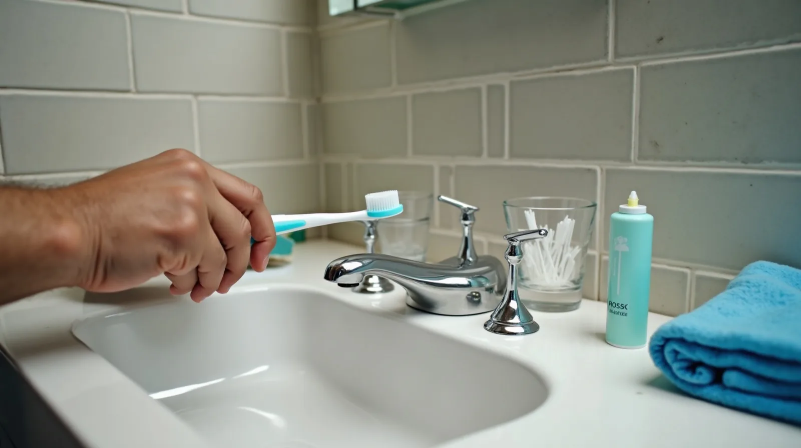 An adult framed from the shoulders down at a bathroom sink, holding a soft toothbrush angled toward the gumline beside a cup of water and floss picks on the tiled counter
