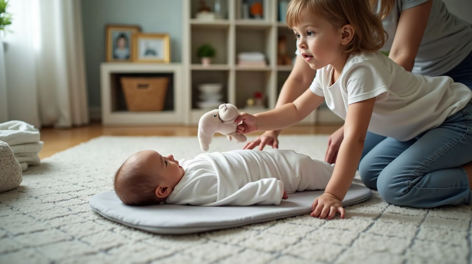 An older child kneeling in profile beside a low play mat where a swaddled newborn rests, holding out a soft plush toy toward the baby, a parent's hands adjusting a folded blanket at the edge of the frame, a bookshelf and framed family photos on the wall behind them