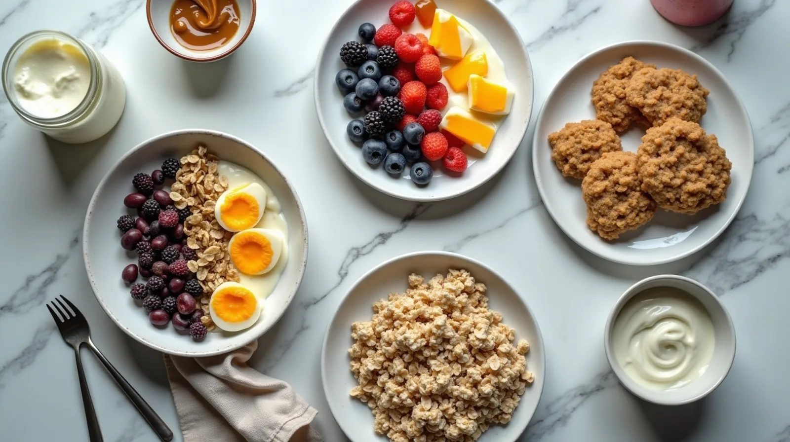 Several breakfast plates crowded on a pale marble counter, including thick yogurt with seeds and berries, scrambled eggs with black beans, a jar of oats stirred with nut butter and a tub of cottage cheese