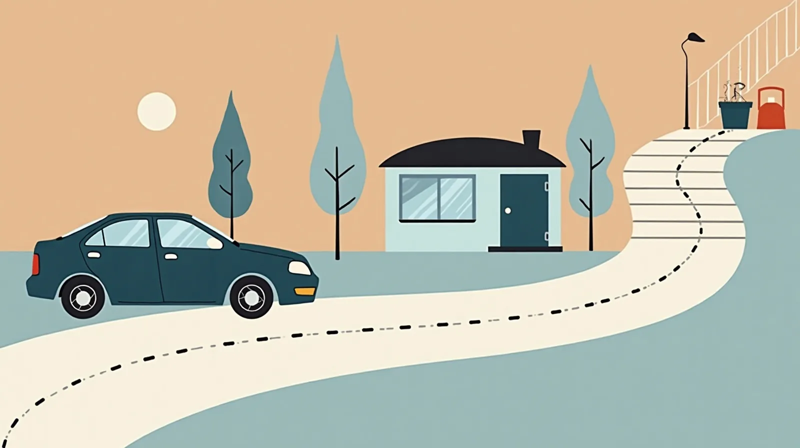 Flat illustration of a footprint trail winding past a parked car, a staircase and a kettle before coiling into a spiral