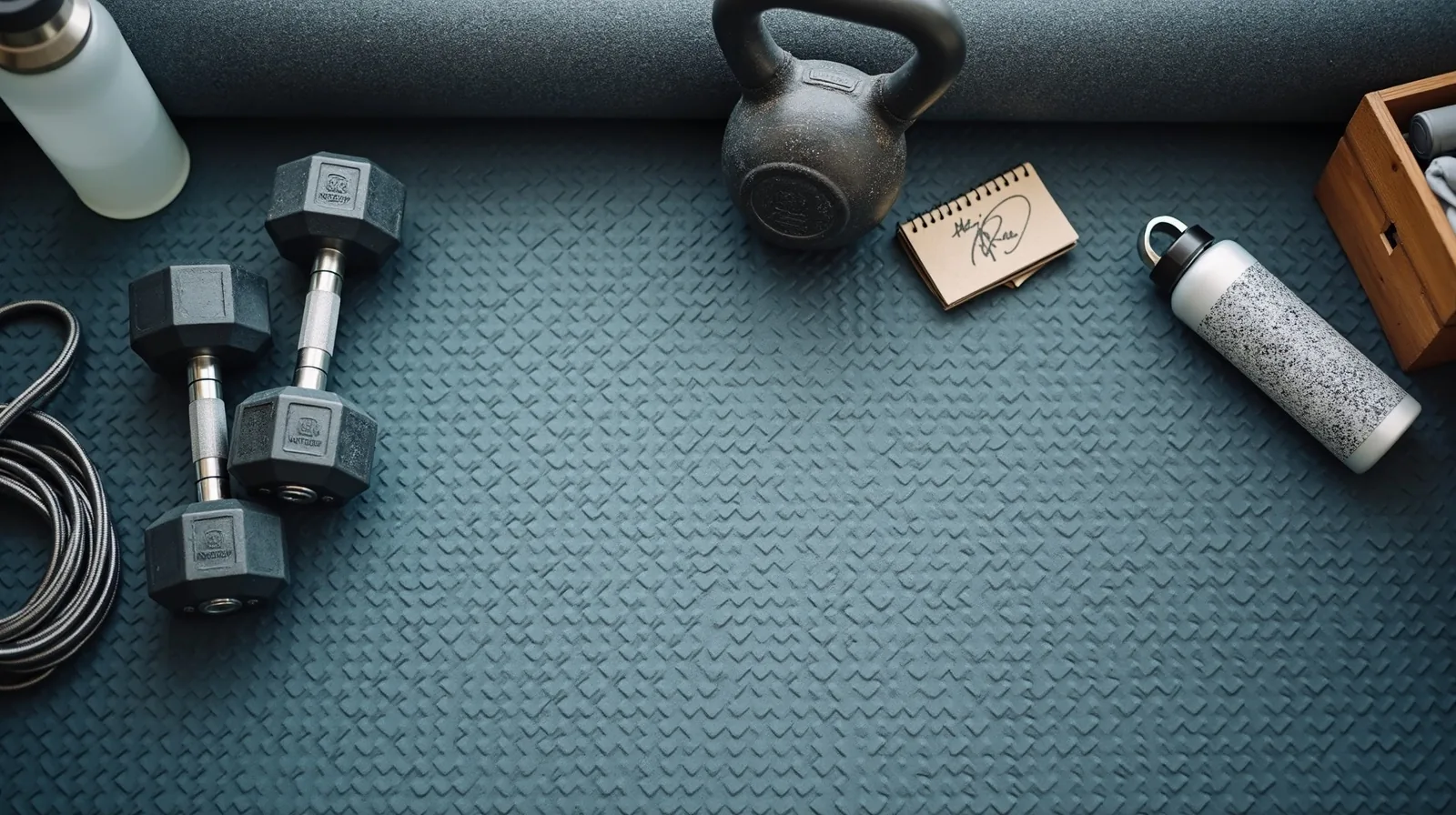 A corner of a garage floor laid with interlocking rubber tiles, holding a pair of adjustable dumbbells, a coiled resistance band, a jump rope, a kettlebell and a rolled foam mat