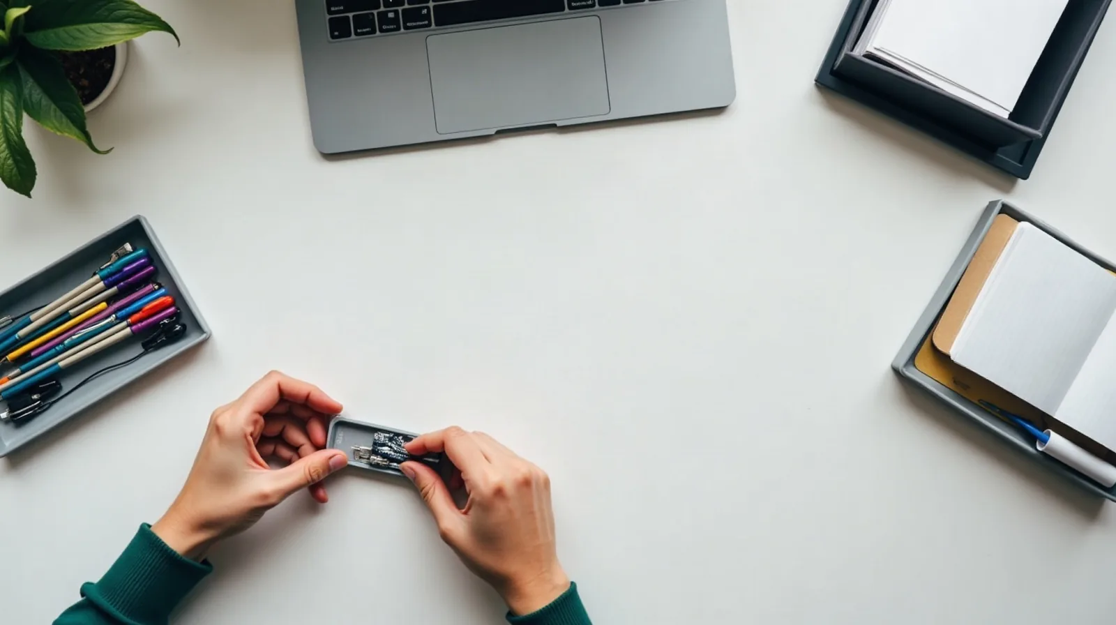 An overhead flat-lay of a home desk being organized, hands sorting loose pens into a small tray, a bundle of charging cables gathered with a clip along one edge, a slim paper tray holding a notepad, and a small bin of loose papers pushed to the side