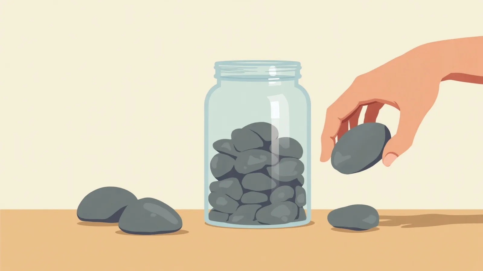 Flat illustration of a hand setting a stone on the table beside a glass jar already packed full of smooth stones