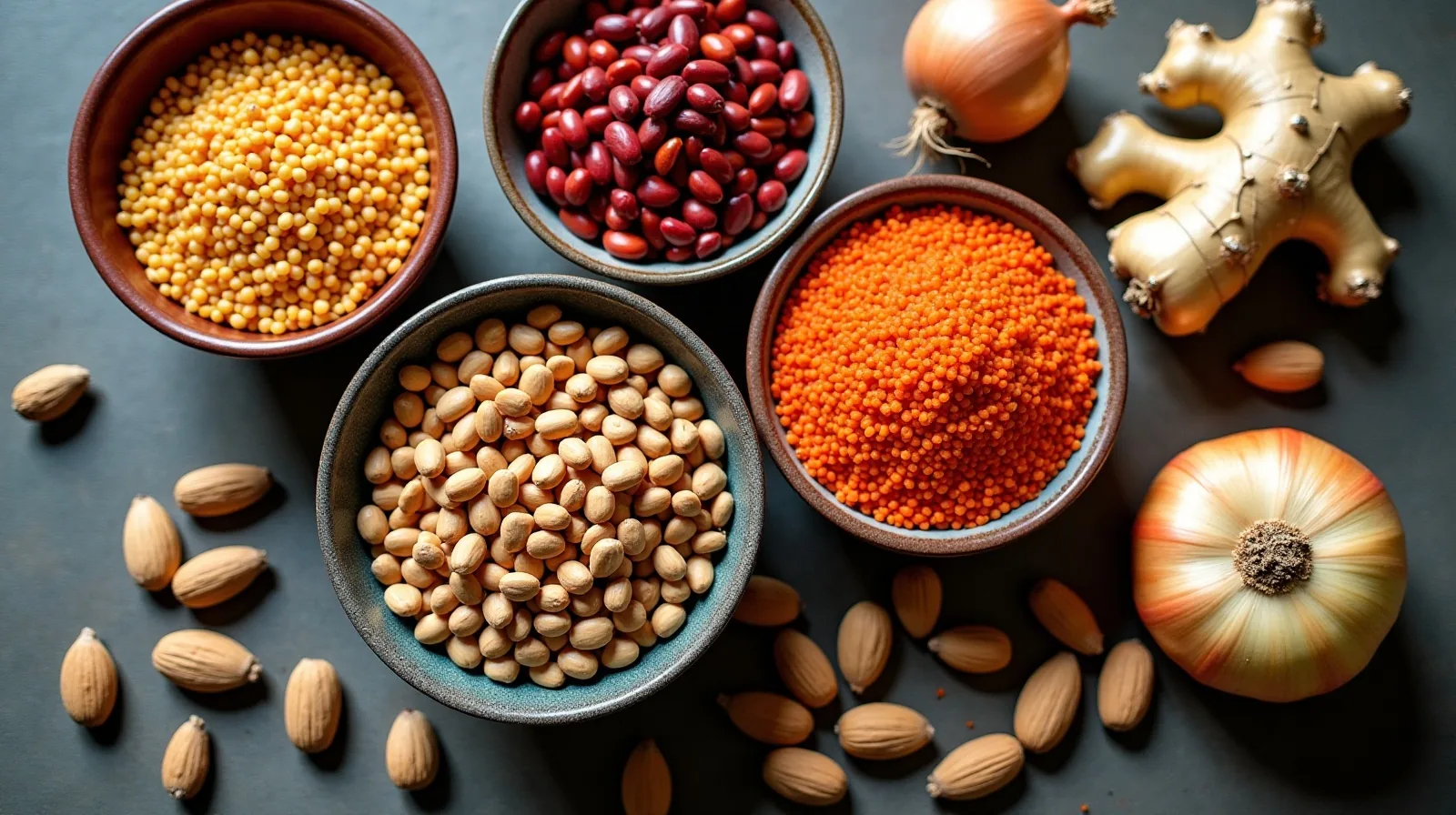 Dried beans, red lentils, walnuts, almonds, onions and fresh ginger arranged in bowls on a wooden table