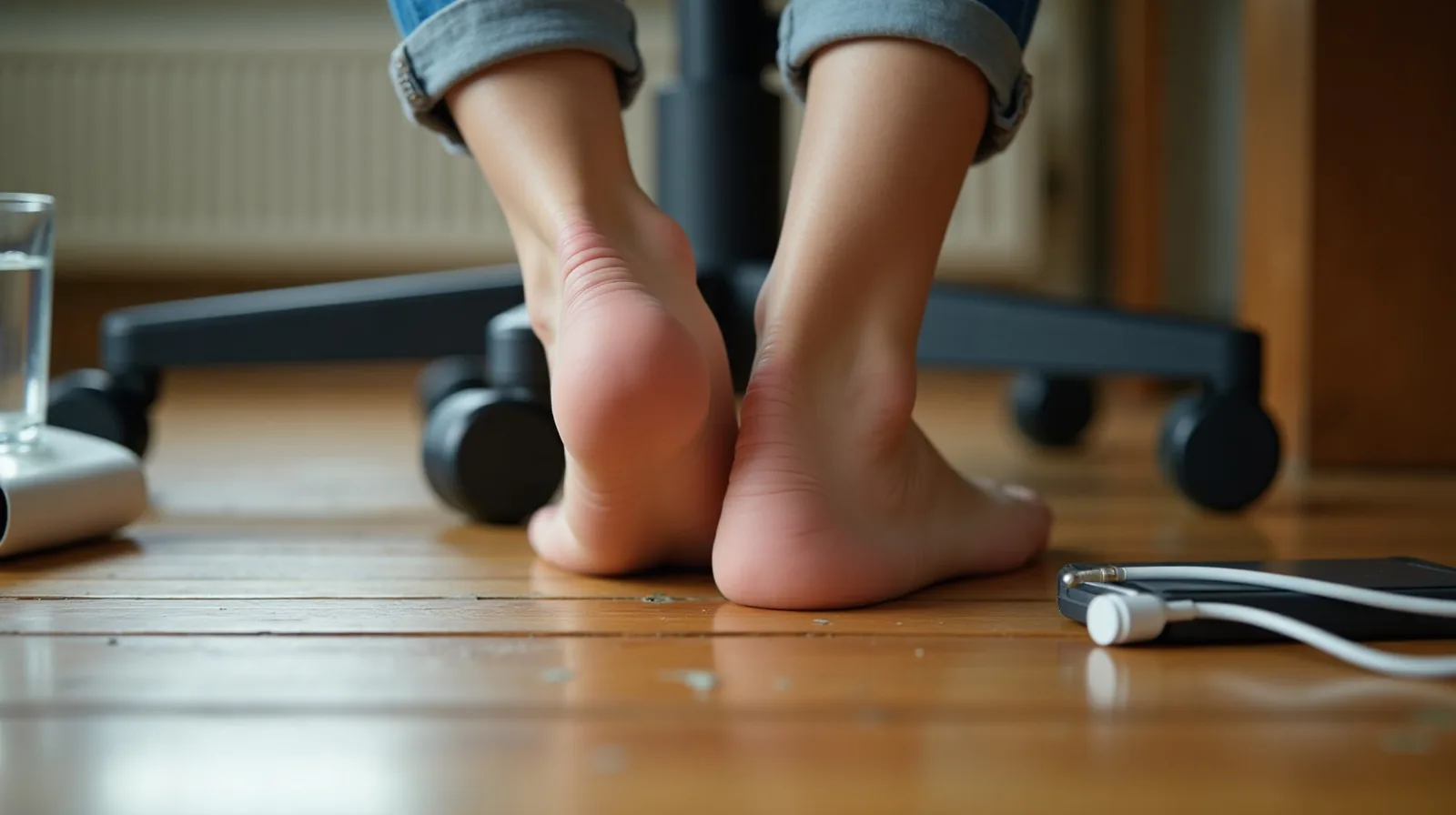 A close view of bare feet on a wooden floor beside a desk chair, heels lifted mid raise, with rolled socks and a half-full glass of water on the boards nearby