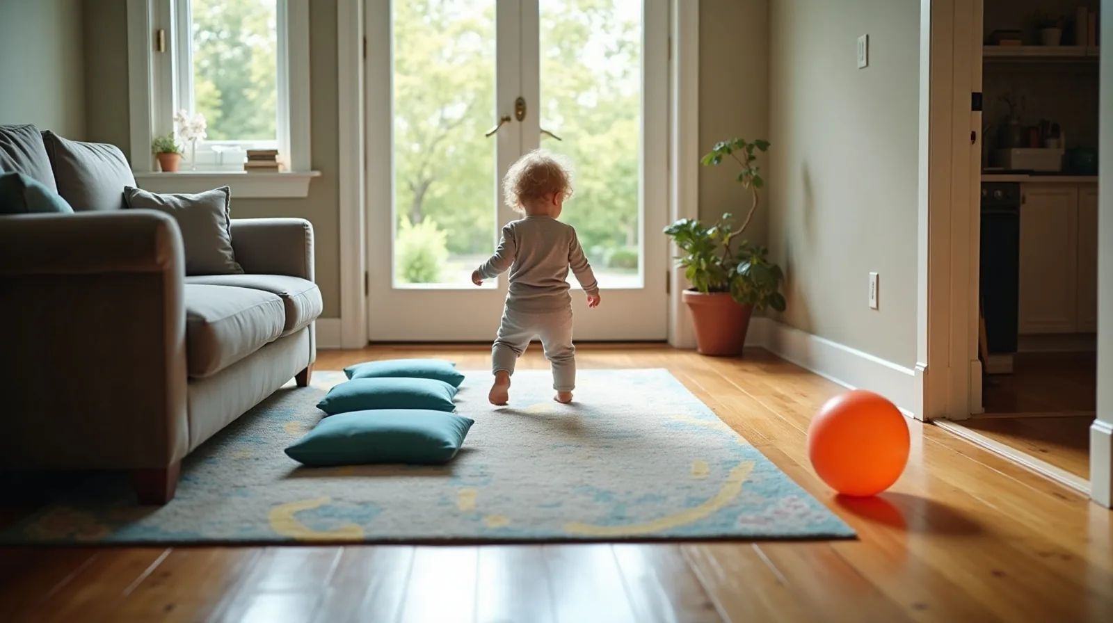 A living room rearranged for toddler games with the coffee table pushed to the wall, couch cushions spaced across the rug like stepping stones and a balloon beside a tape line running into the hallway
